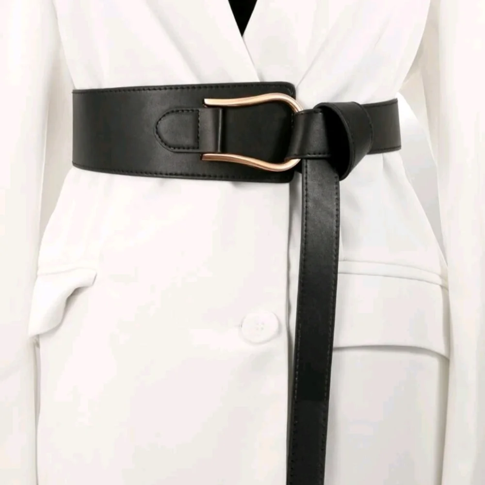 Black Faux Leather Corset Wrap Wide Waist belt Boho Asymmetrical Gold Buckle